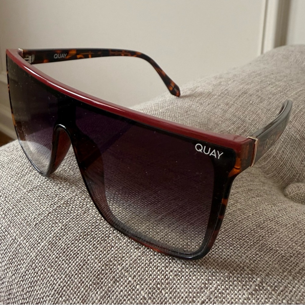 Quay Australia Tortoiseshell Shield Sunglasses with Burgundy Topbar